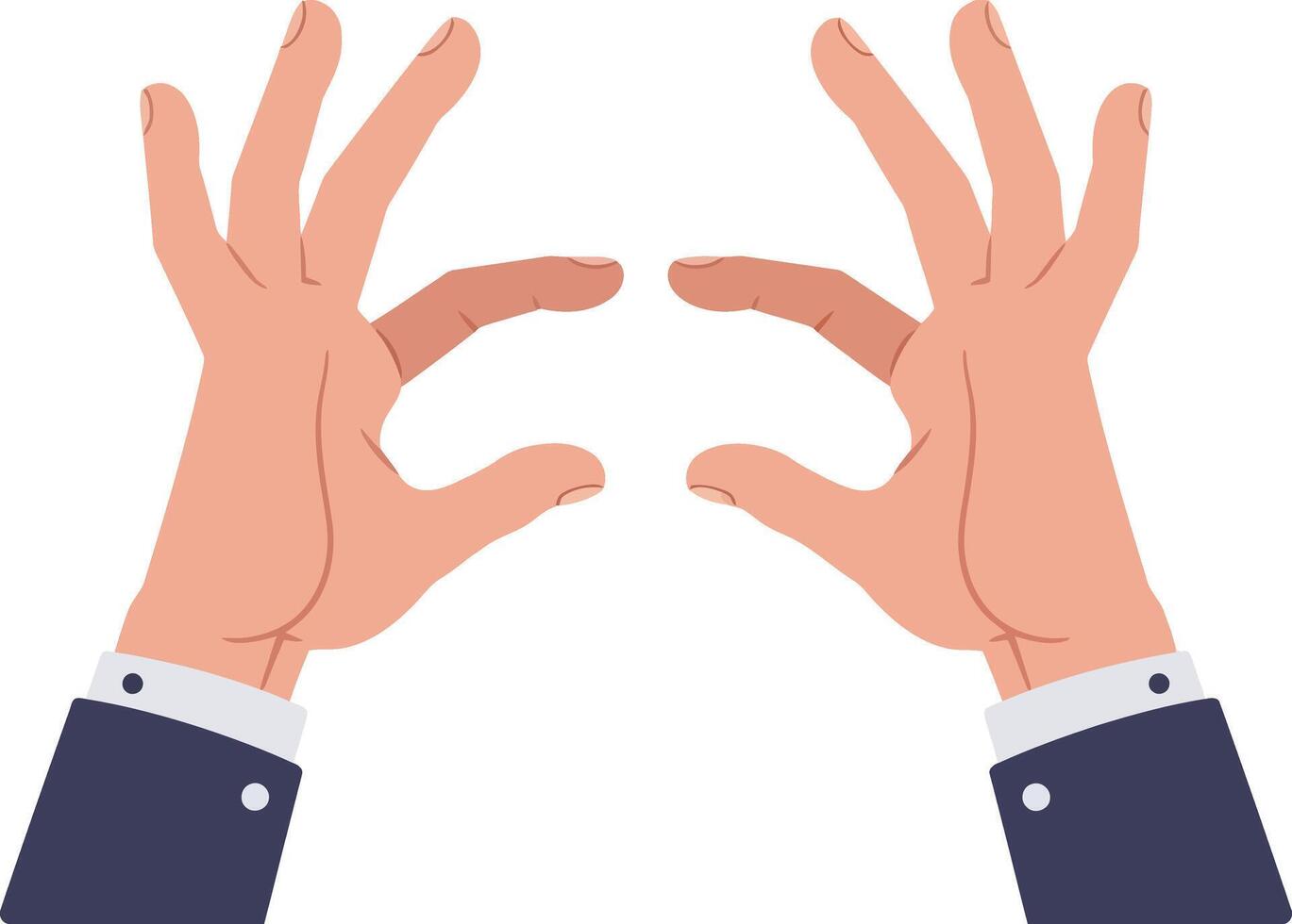 Two human hands in blue suit sleeves with spread fingers and open palms flat design illustration vector