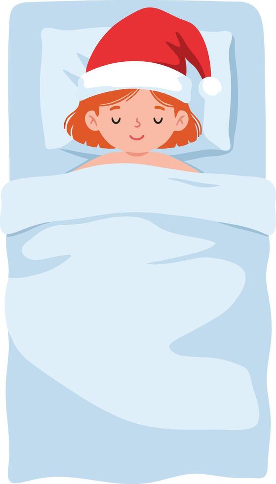 Child wearing red Santa hat sleeping peacefully in bed under soft blue blankets flat style illustration vector