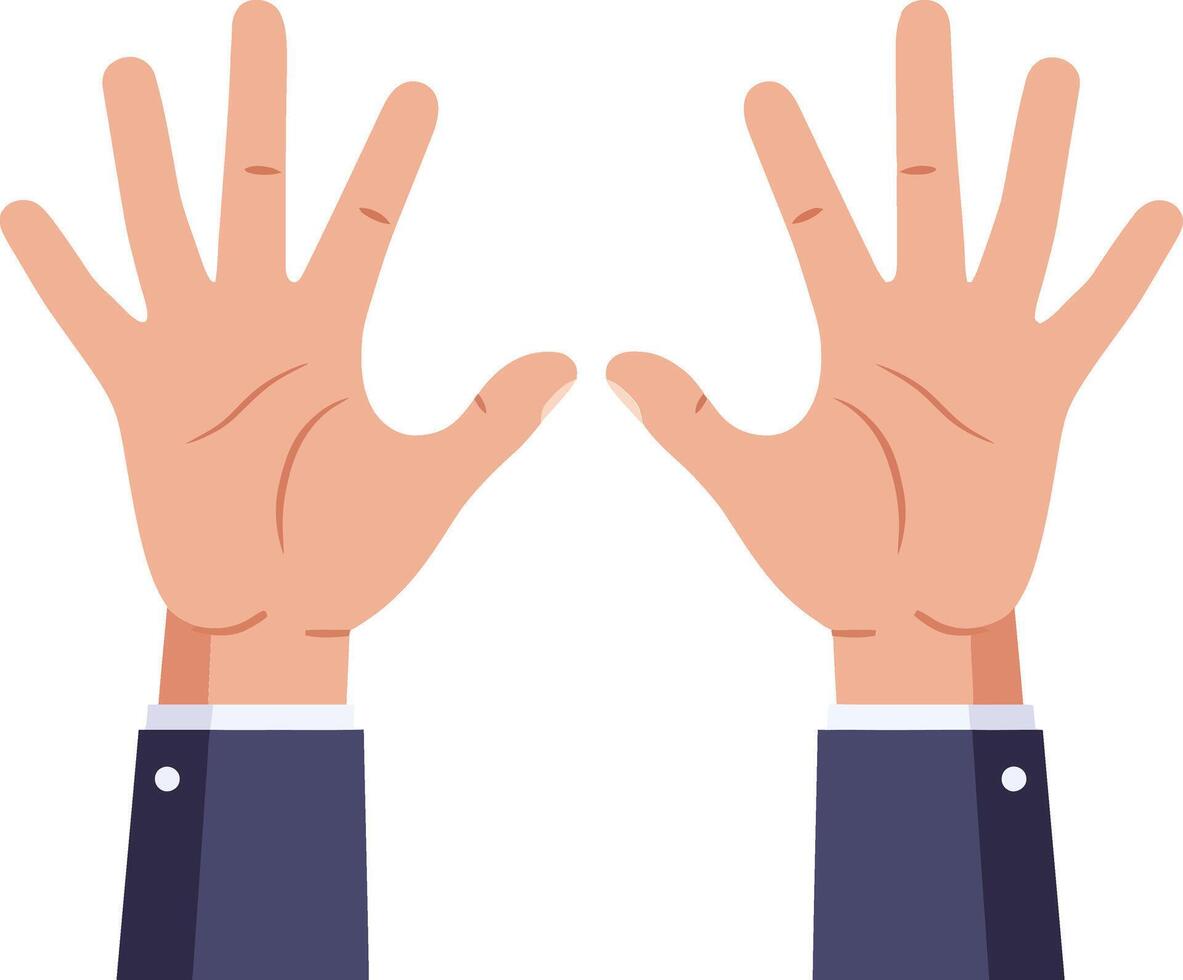 Pair of human hands with fingers spread open in flat minimal style wearing dark blue sleeves illustration vector