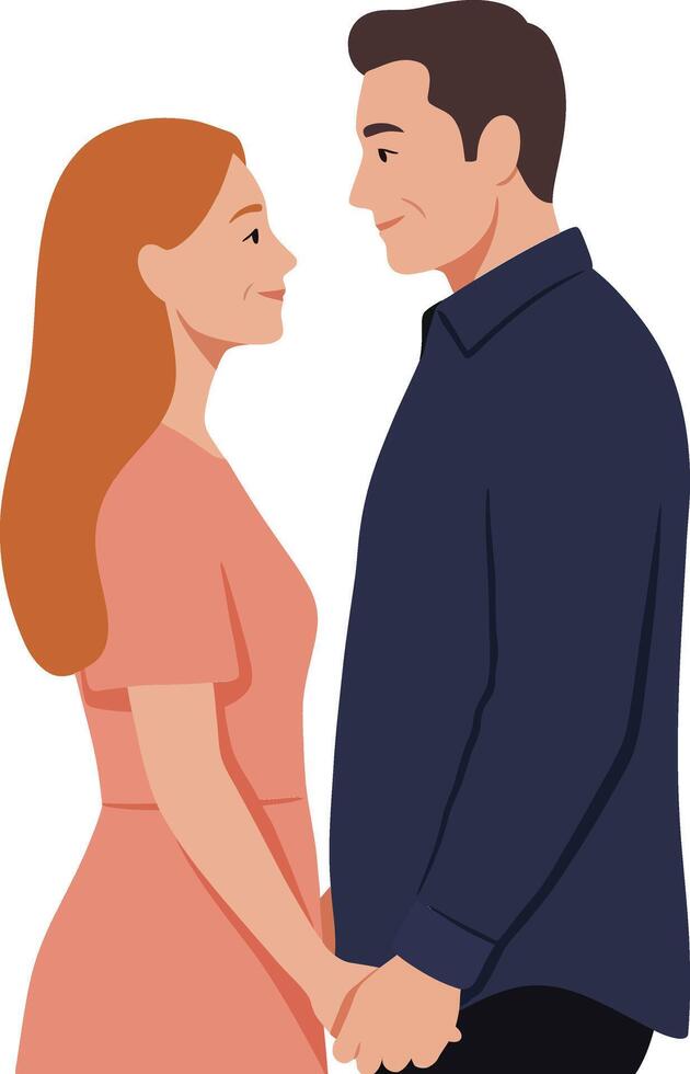 Young couple holding hands facing each other in simple flat design minimal illustration vector