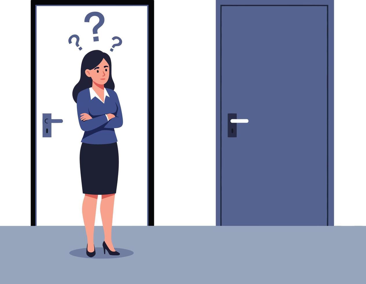 Businesswoman standing with crossed arms and question marks above head in front of two closed doors flat design illustration vector