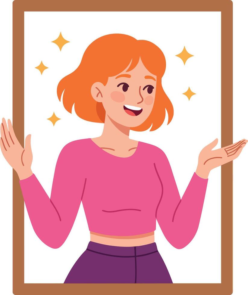 Young woman with orange hair smiling and gesturing inside a frame in colorful flat design illustration vector