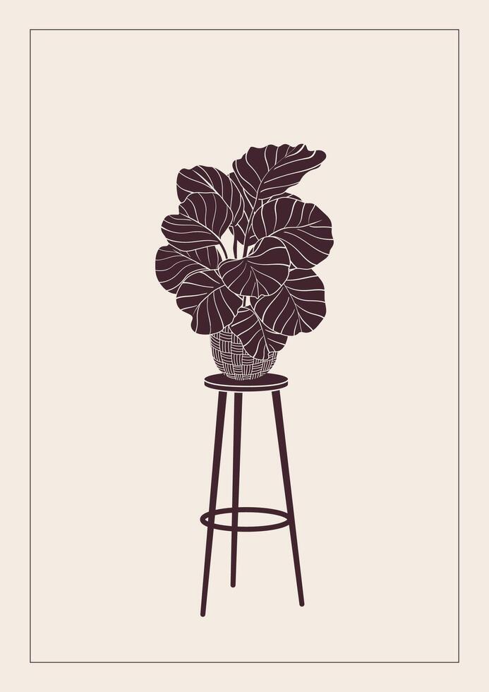 Potted plant brown silhouette on a new home greeting card, print, poster, or banner. Housewarming party invitation with house plant on a plant stand. New place to live in postcard flat illustration. vector