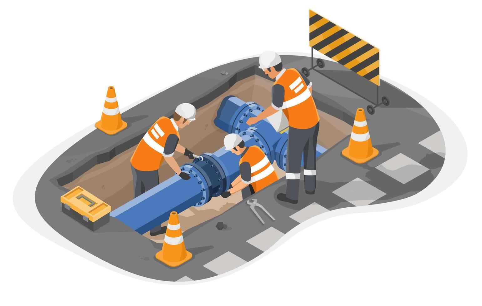 Utility workers performing maintenance on underground water pipeline beneath city road with safety cones and tools isometric cartoon vector