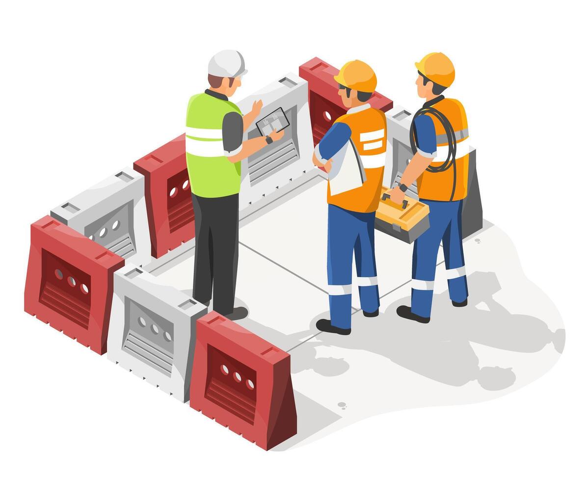 Team of construction engineers and technicians reviewing digital plans and discussing project strategy at a secured site before starting underground maintenance work isometric vector