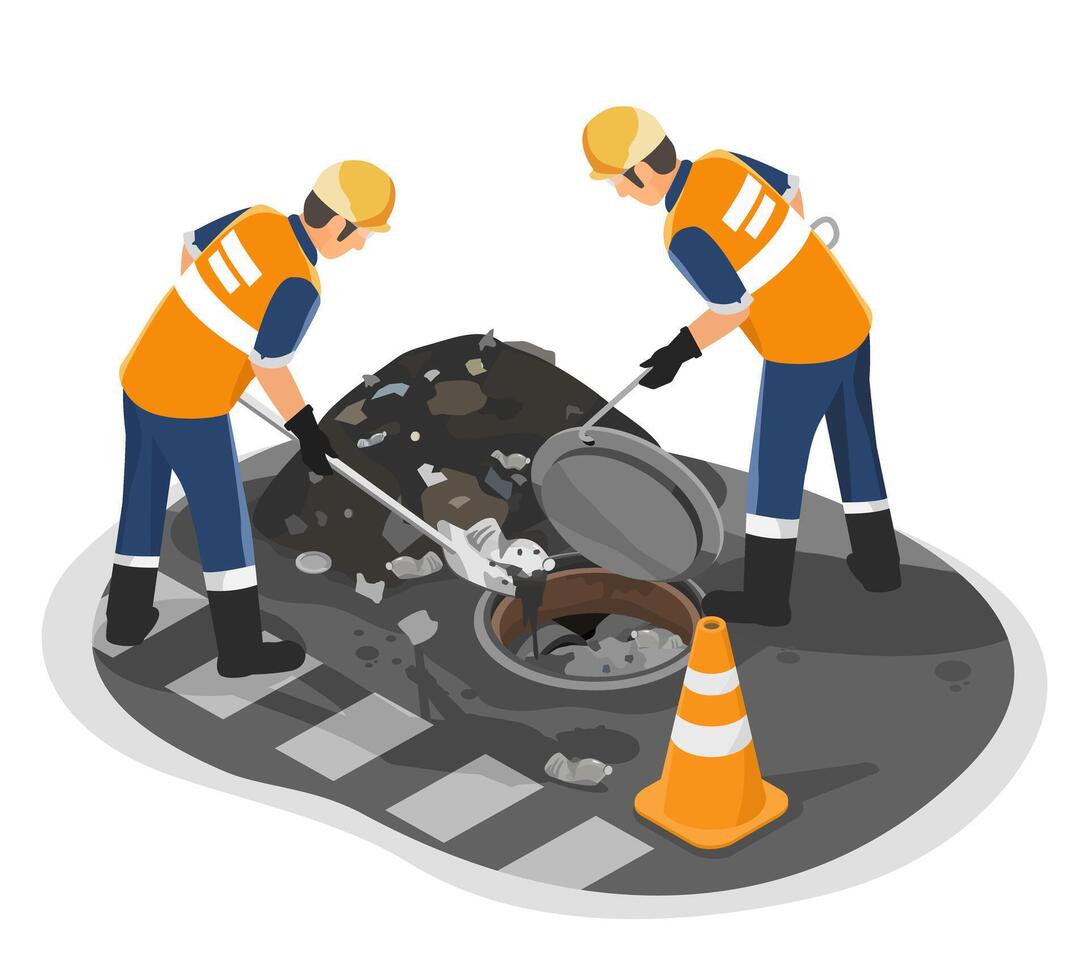 Two utility workers in safety gear performing sewer maintenance by clearing debris from an open manhole on a city street isometric vector