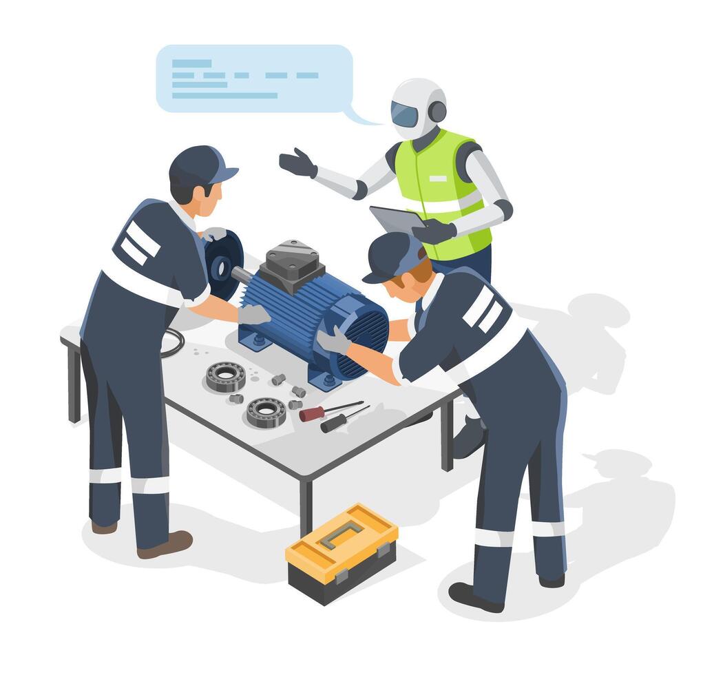 AI-powered assistant guiding industrial technicians during machine maintenance to enhance accuracy, efficiency, and precision in modern manufacturing operations ai work together concept vector