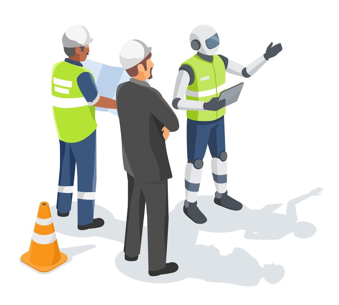 ai work together Artificial intelligence robot presenting construction site plans and collaborating with engineers and project managers to support decision-making and improve workflow efficiency vector