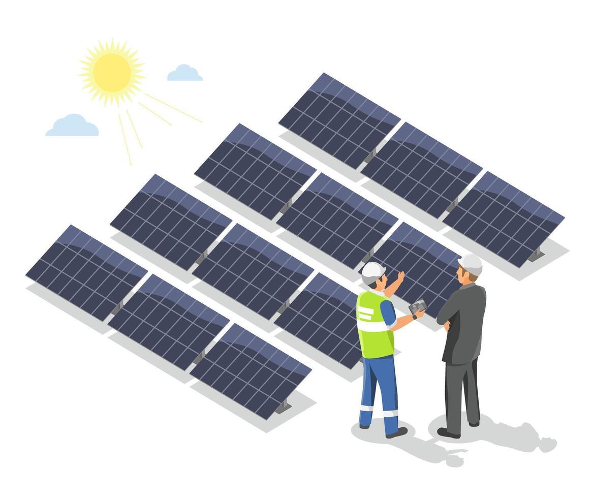 Investor consulting with engineer at a solar power plant while discussing investment opportunities in renewable energy under bright sunlight isometric cartoon vector