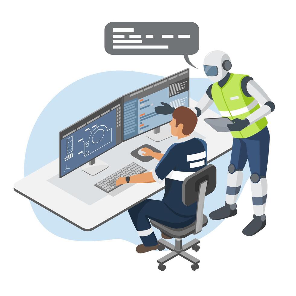 AI-powered robot assisting engineer in designing high-precision components using advanced software at a dual-monitor workstation in a smart factory isometric cartoon vector