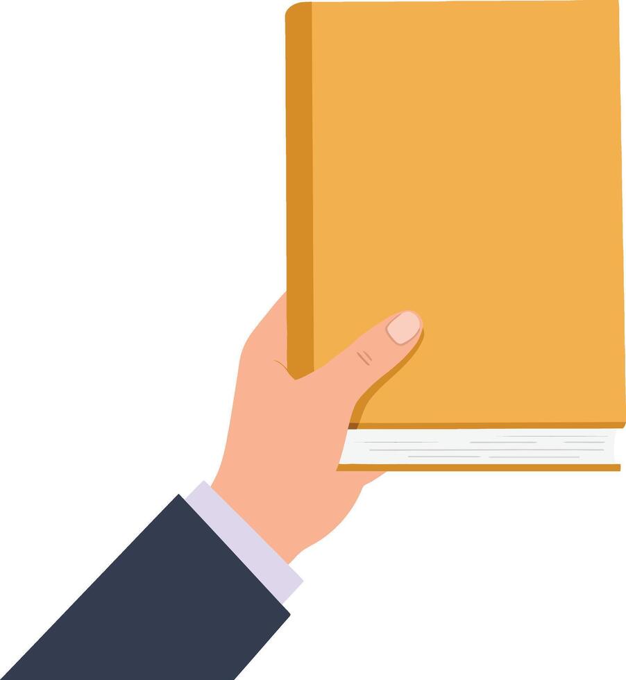 Hand holding closed orange book with business suit sleeve in flat style illustration vector