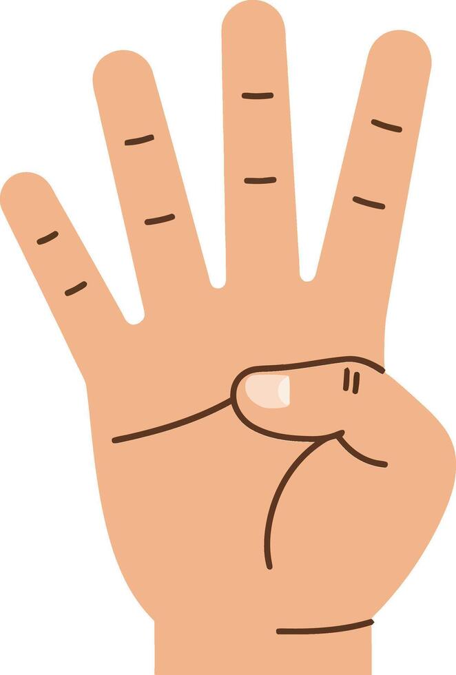 Human hand showing four fingers raised in flat minimal style with skin tone and simple line details illustration vector
