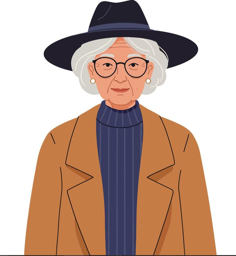 Elderly woman with white hair wearing glasses and elegant coat and hat minimal flat illustration vector