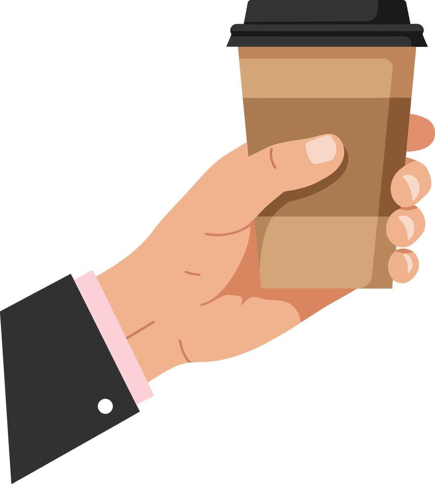 Hand holding disposable coffee cup with black lid in flat minimal design style illustration vector