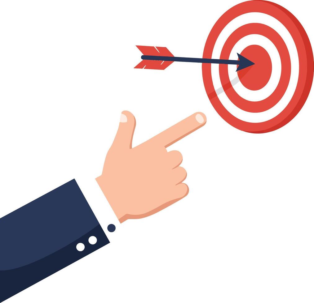 Human hand pointing at red and white bullseye target with arrow in center flat minimalist illustration vector