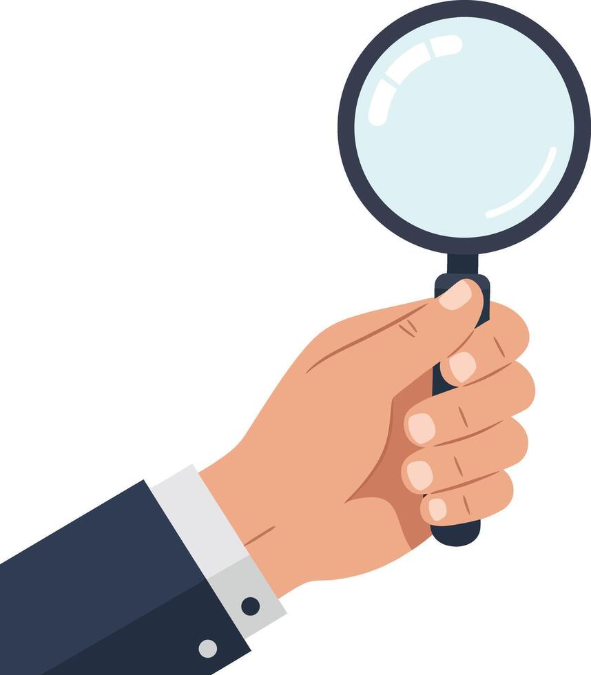 Human hand holding magnifying glass with black handle in flat minimal style illustration vector
