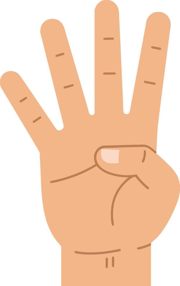 Human hand showing four fingers raised in flat minimal style with neutral skin tone and simple lines illustration vector