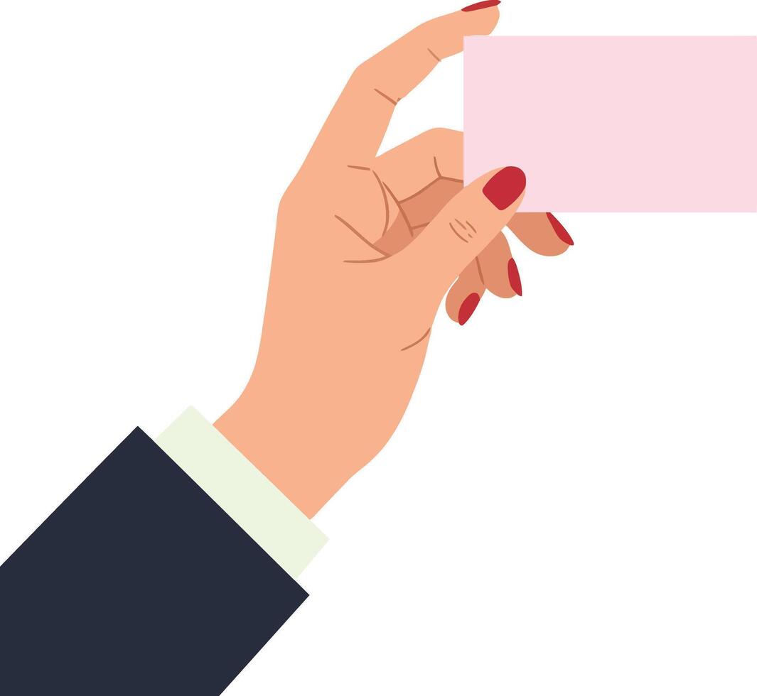 Female hand holding blank pink business card with red nails flat design illustration vector