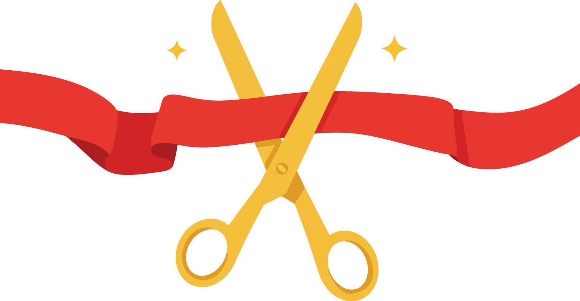 Golden scissors cutting a red ribbon flat design celebration event ceremony art vector