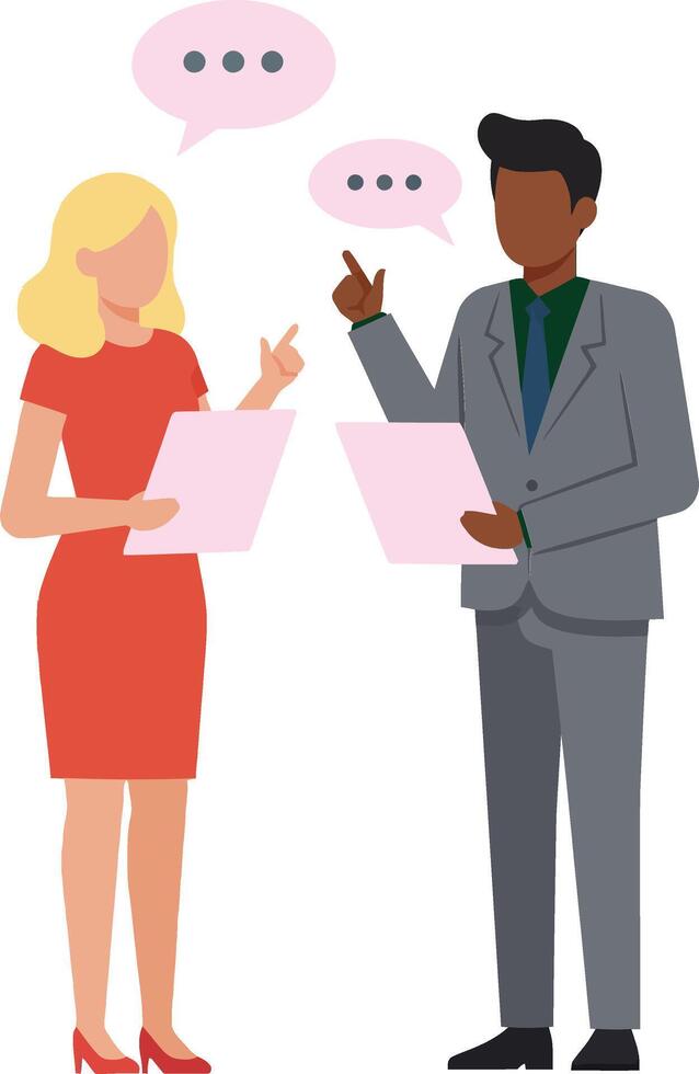 Two business professionals discussing documents with speech bubbles in minimal flat style illustration vector