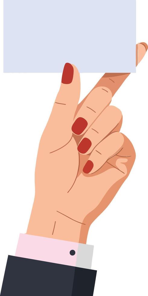 Female hand with red nail polish holding blank white card in minimal flat design business illustration vector