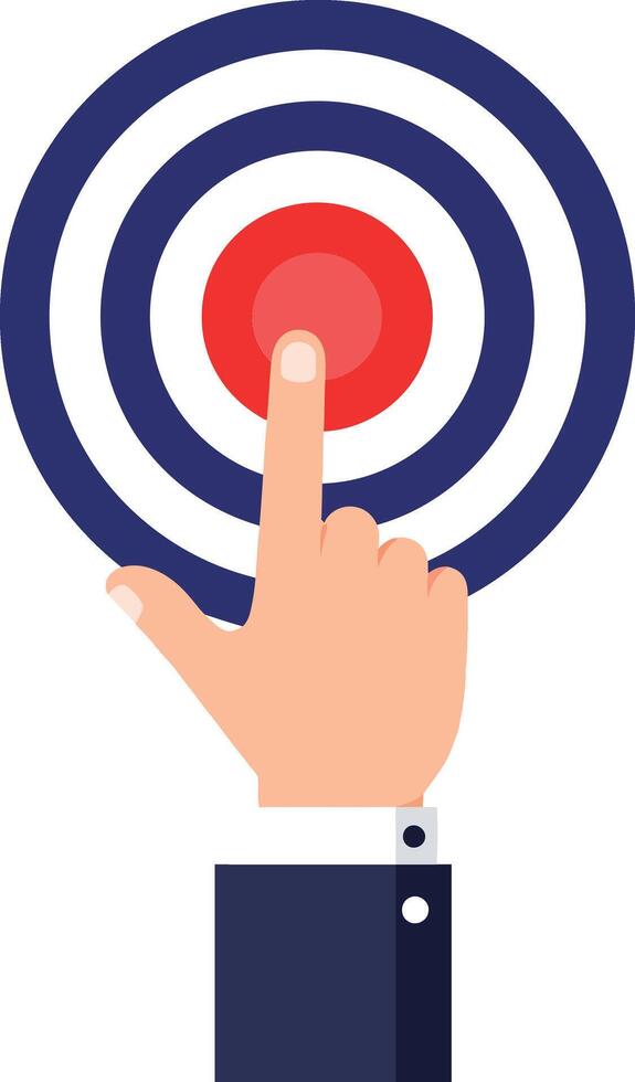 Human hand wearing dark blue suit sleeve pressing red center of concentric target circles in flat style illustration vector