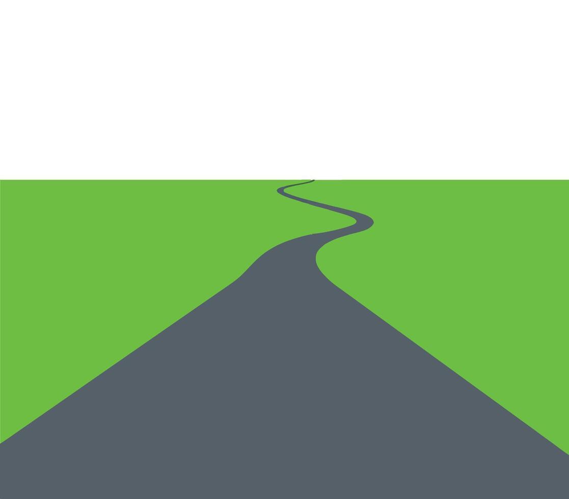 Curved grey road stretching into distance with green fields beside in flat minimal illustration vector