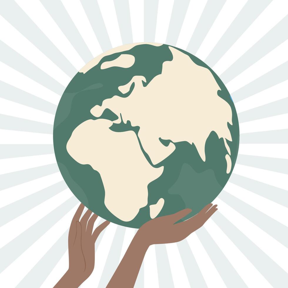 Hands holding the Earth globe with rays in background. Concept of unity, sustainability, global responsibility and hope. illustration for Earth Day and eco campaigns. vector