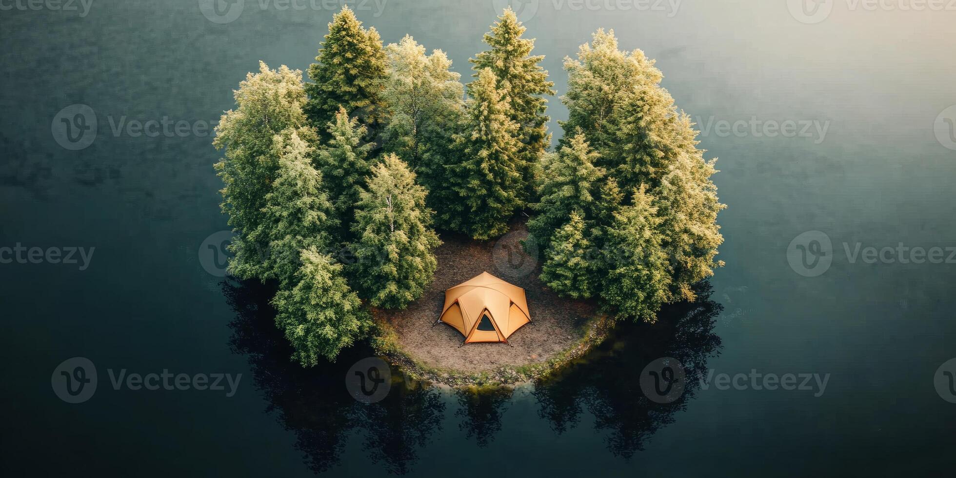 Camping on a secluded island surrounded by tall trees and calm waters during sunset offers a perfect adventure retreat photo