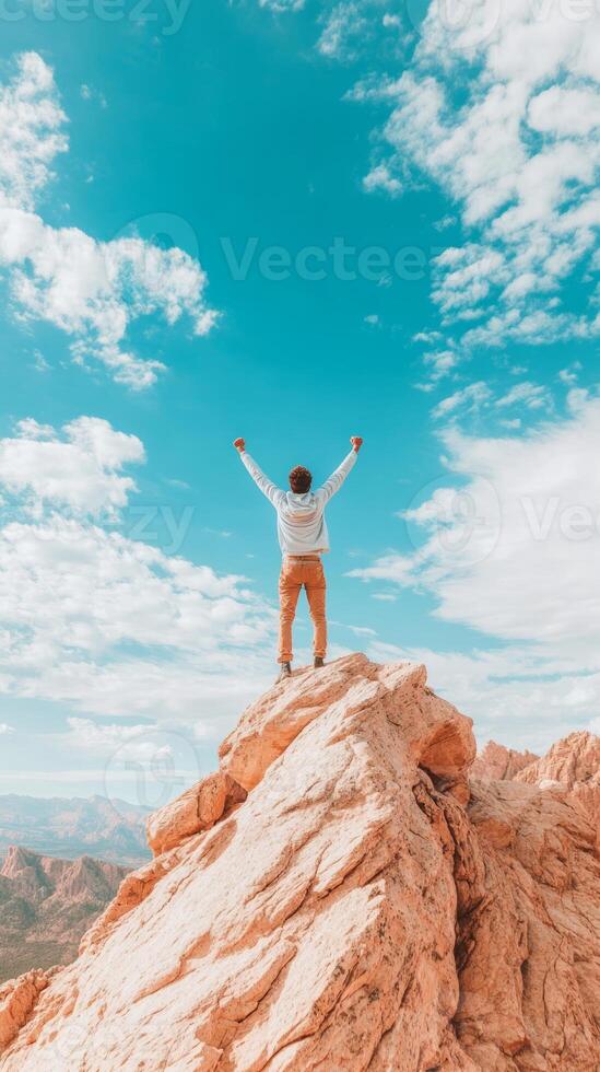 Person celebrating triumph on rocky summit during adventure camping in a vast landscape beneath a bright blue sky with fluffy clouds photo