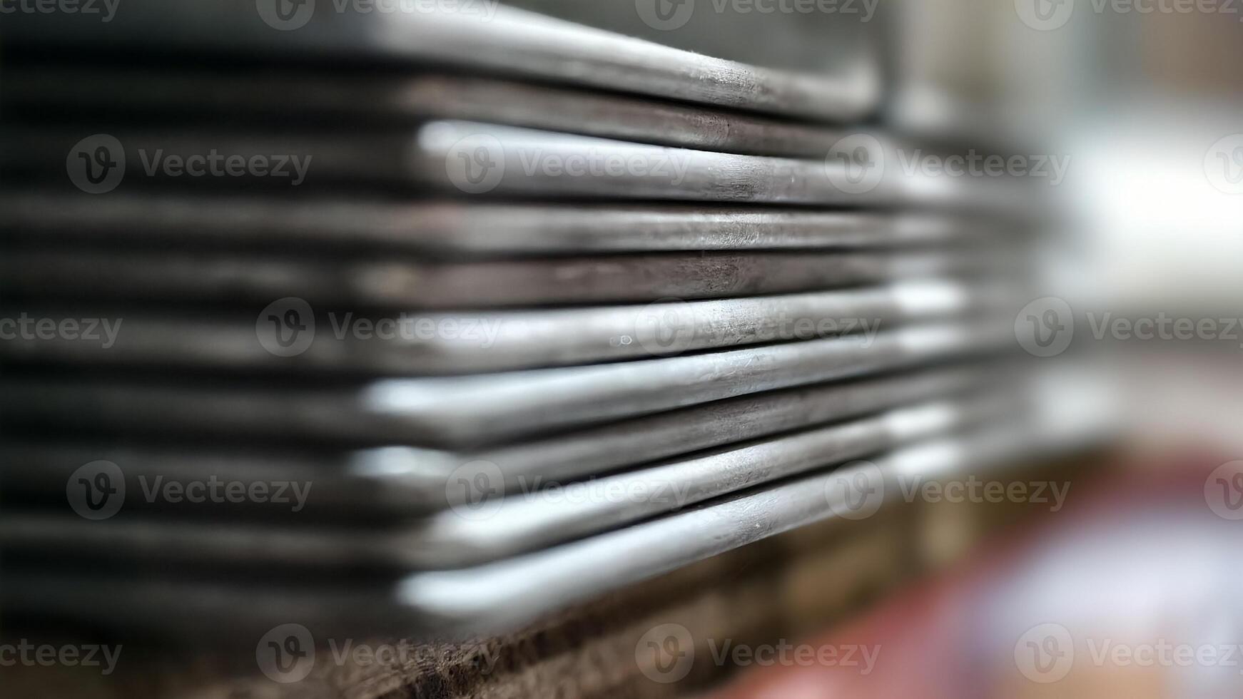 Detailed close-up of stacked metal plates with a blurred background, showcasing texture and industrial feel photo