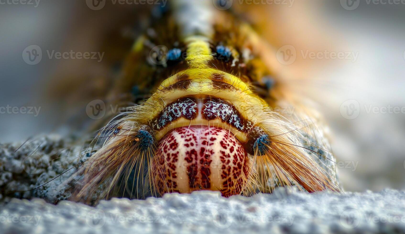 Close-Up of a Colorful Caterpillar Head with Unique Patterns and Hairs photo