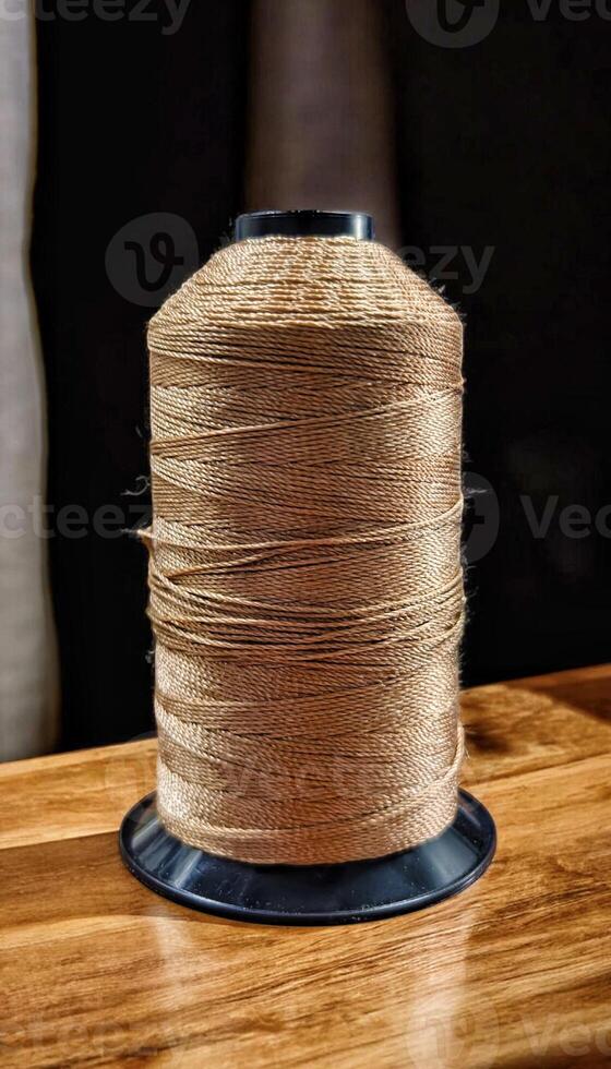 Close Up of Thread Spools with Textured Details and Bright Colored Threads photo