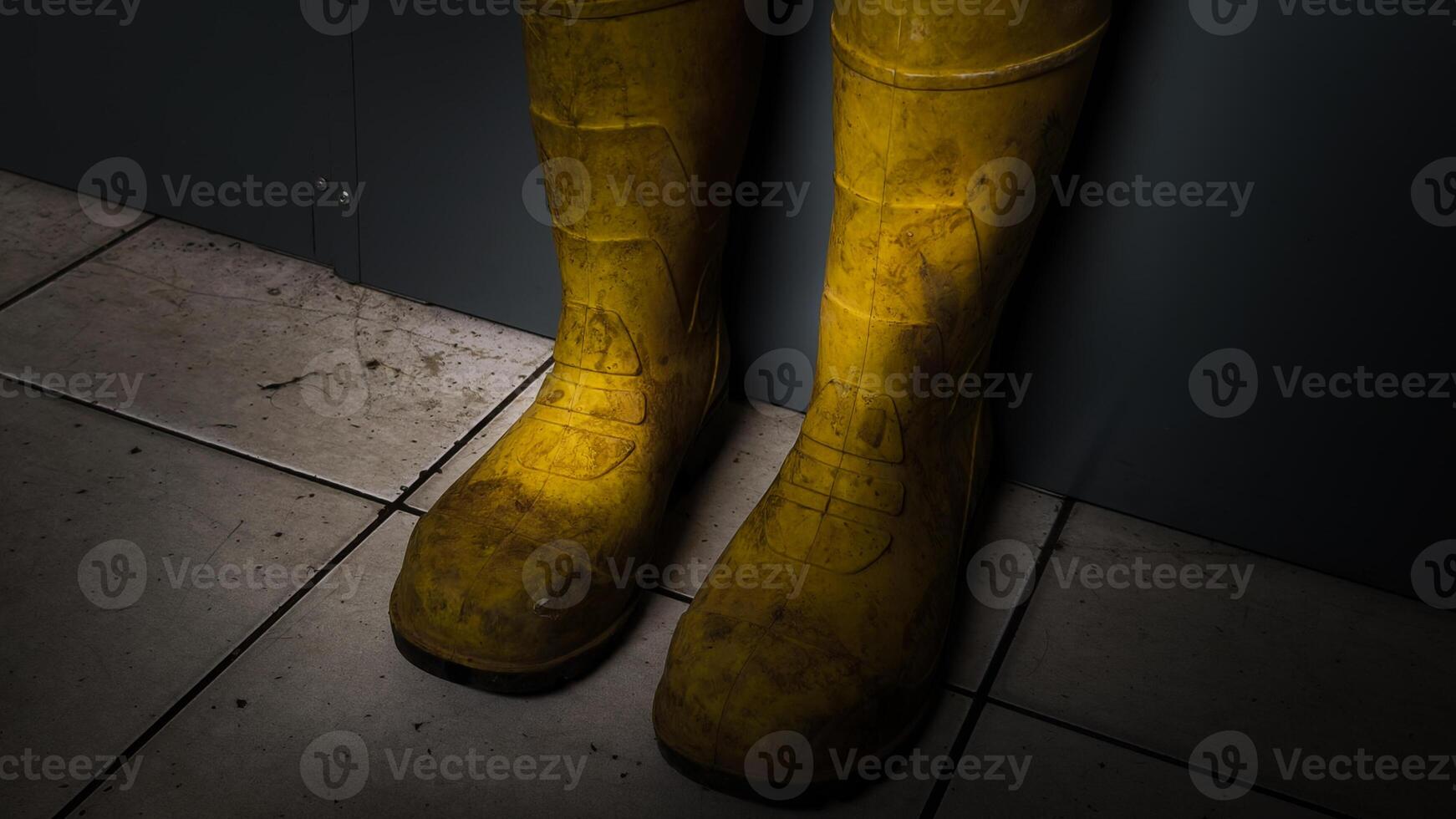 Yellow Safety Boots Placed on Tiled Floor Showcasing Essential Protective Gear photo