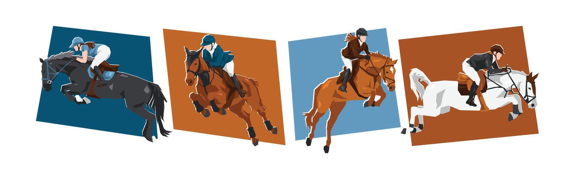 Horse and female jockey characters with action, different poses. Show jumping, equestrian sport. Cartoon flat illustration. vector