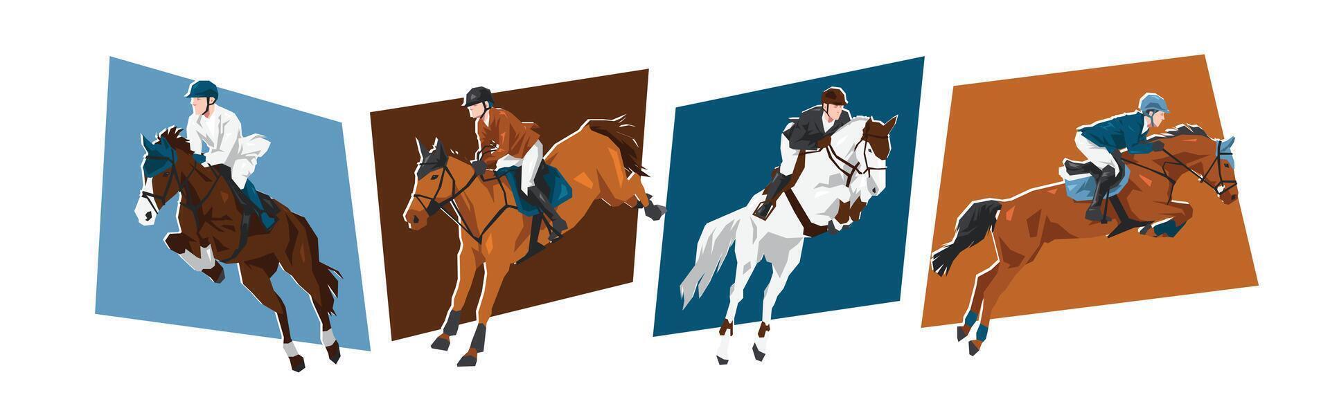 Horse and male jockey characters with action, different poses. Show jumping, equestrian sport. Cartoon flat illustration. vector