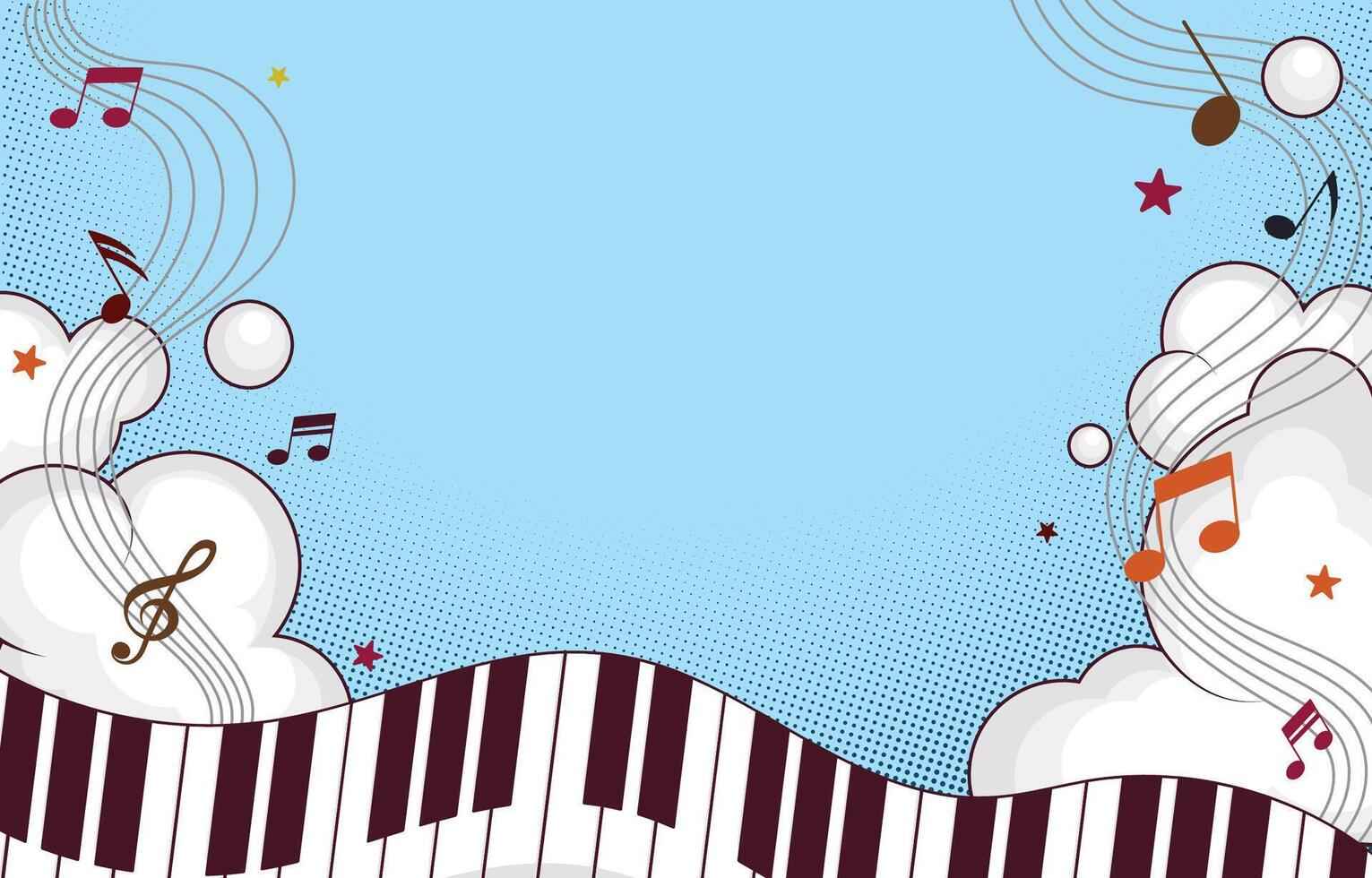 Music background with piano keyboard, notes and clouds vector