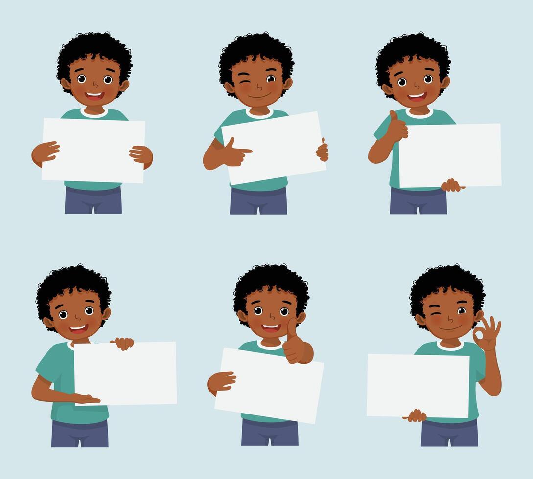 Little African boy holding blank poster in various facial expressions and hand gestures, include like, thumb up, finger pointing vector
