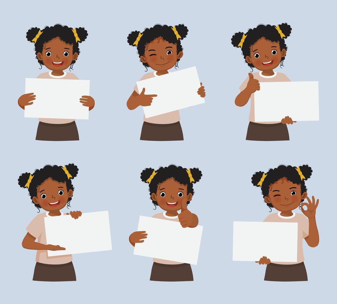 Little African girl holding blank poster in various facial expressions and hand gestures, include like, thumb up, finger pointing vector