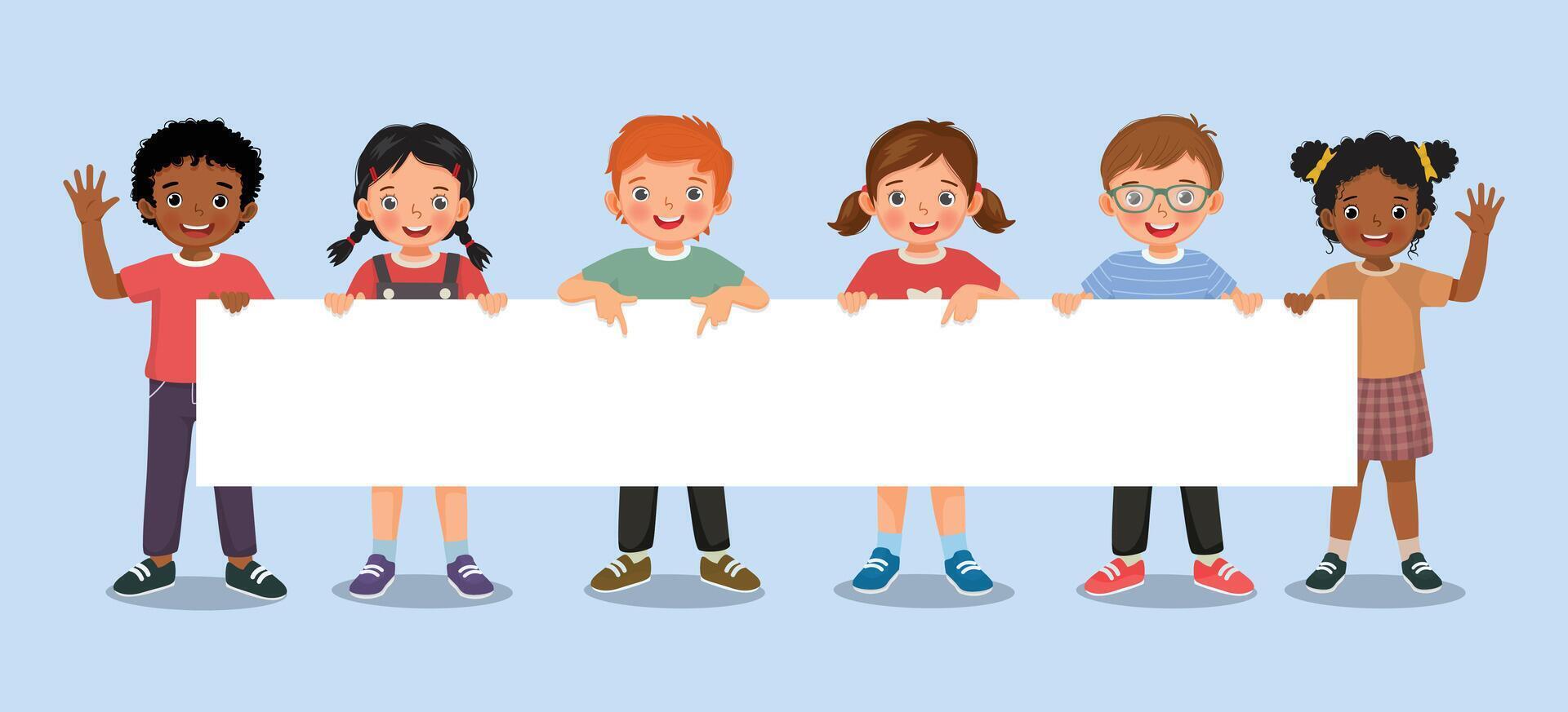 Group of children holding a long empty banner or poster templates for text, banner and ads vector