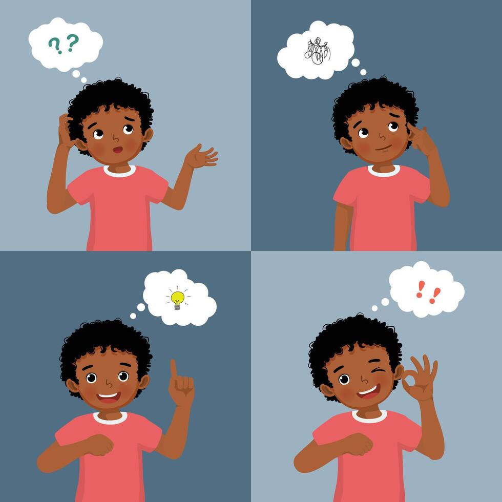 Little African boy with different thinking process from asking questions, confused, searching for ideas, got an idea, finding solution vector