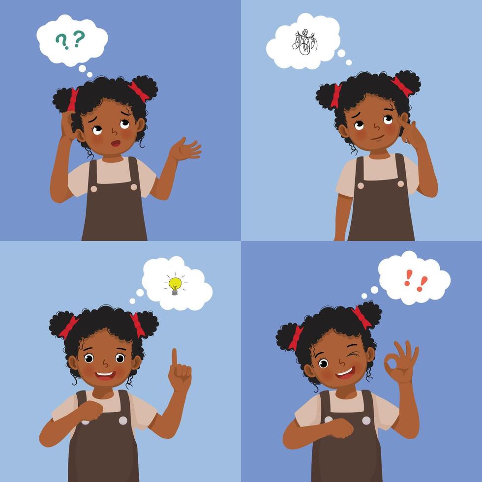 Little African girl with different thinking process from asking questions, confused, searching for ideas, got an idea, finding solution vector
