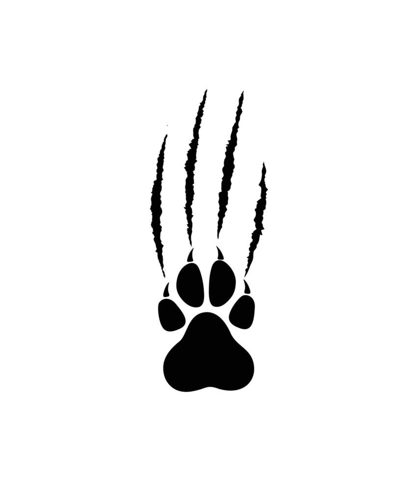 Animal paw print silhouette with scratches and claw markings. talons cuts cat, tiger, dog, lion, monster isolated on white background vector