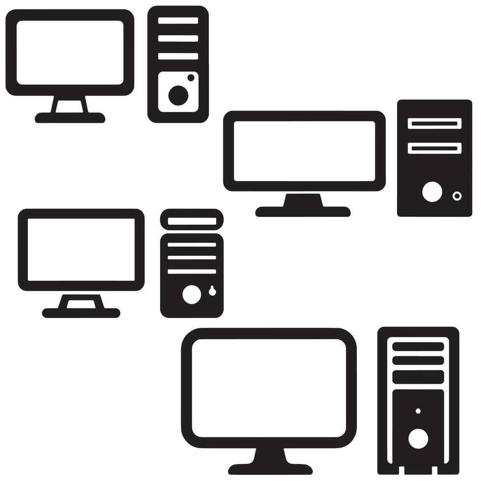 Black And White Desktop Computer Icons With Monitor And CPU In Minimal Flat Style Design vector