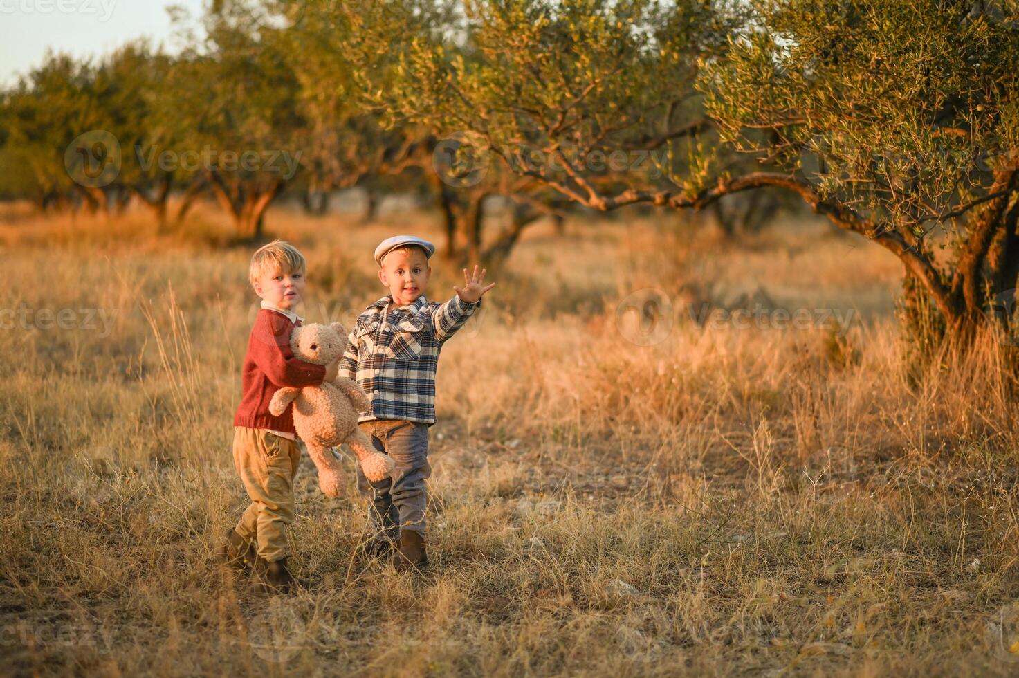 In a peaceful field at dusk, two young boys sit cuddling a large teddy bear, the sky glowing orange behind them. photo