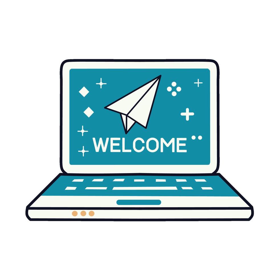 A laptop displaying a welcome message ideal for web design and application interfaces. vector