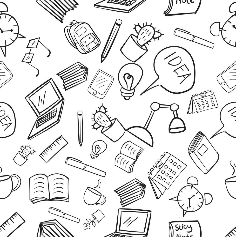 Hand Drawn School and Office Supplies Seamless Pattern Background Design vector