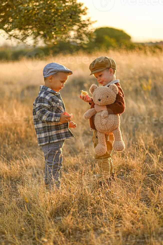 In a nostalgic countryside scene, two children dressed in old-style clothes hold a plush bear and apple, surrounded by golden light. photo