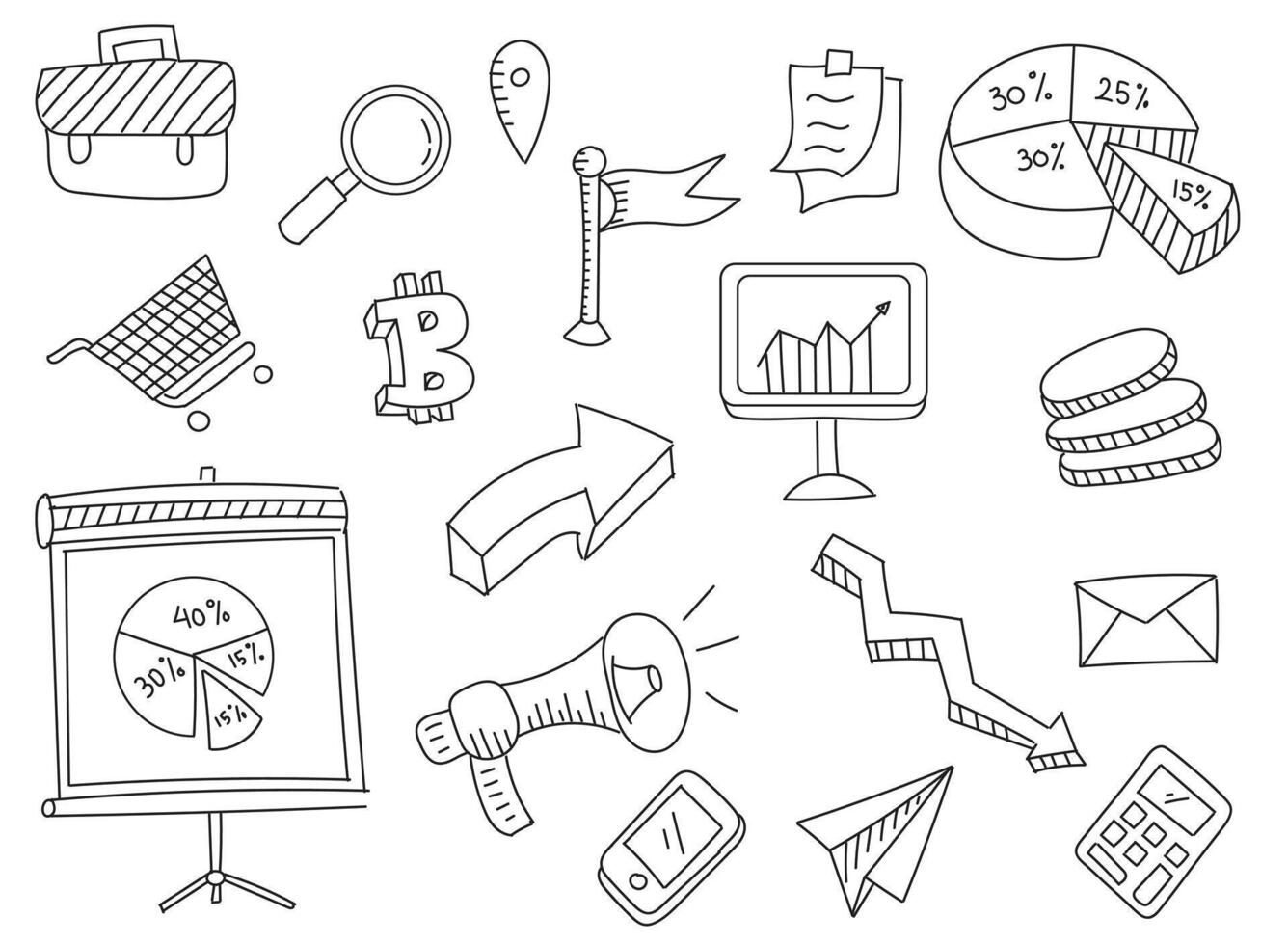 Collection of Doodle Business and Finance Icons Depicting Diverse Aspects vector