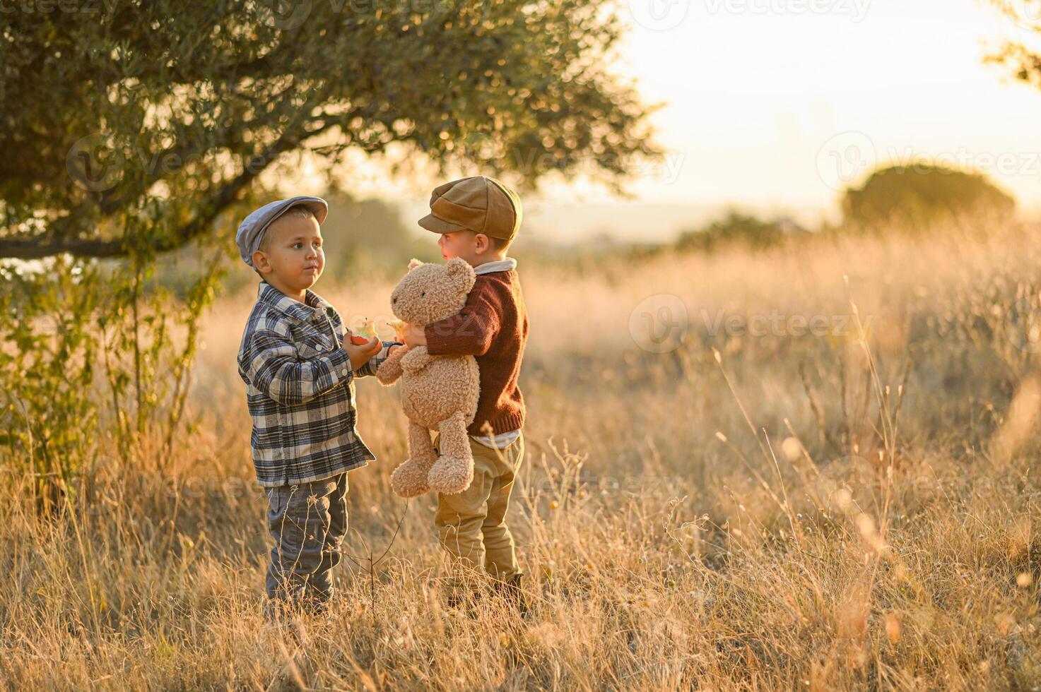 A peaceful rural sunset frames two boys in vintage attire, sharing a moment with a toy bear and a red apple in hand. photo